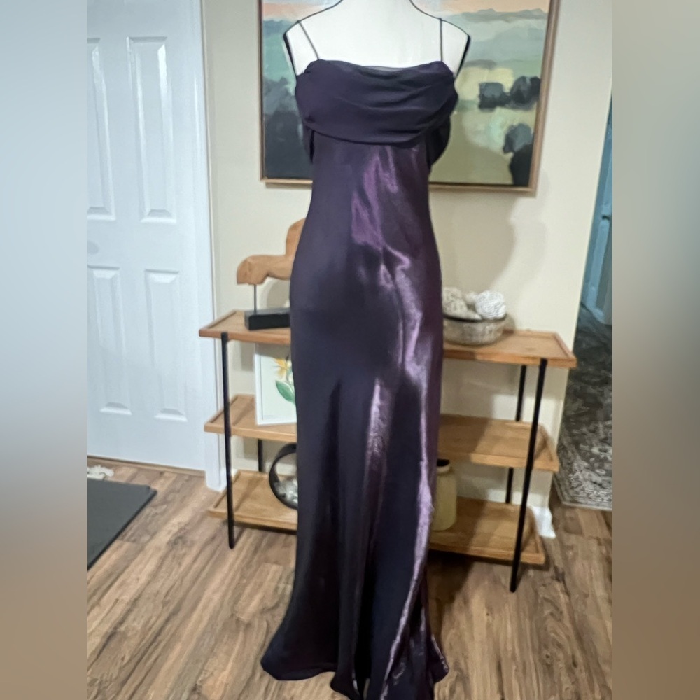 Betsy & Adam by Linda Bernell Dark Plum Cowl Neck Satin Gown Sz 10 Y2K Formal